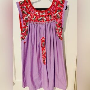 Mi Golondrina Women’s Flores Shift Dress Purple & Red/Green Embroidered Size L